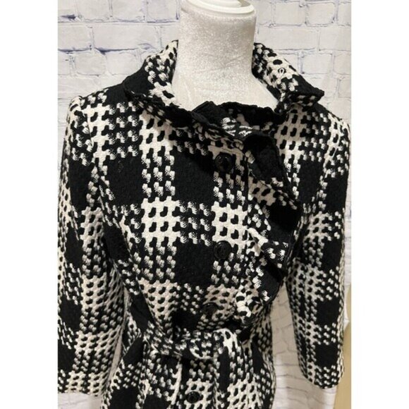 White House Black Market Coat Women Black White Belted Button Houndstooth Large - Picture 2 of 9